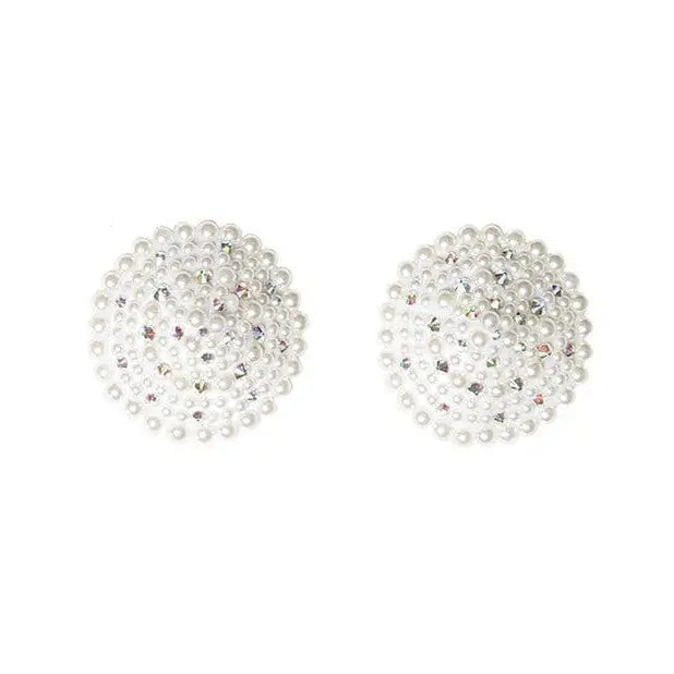 Coquette Pasties One Size Fits Most / White Coquette Pearl & Rhinestones Round Reusable Pasties at the Haus of Shag