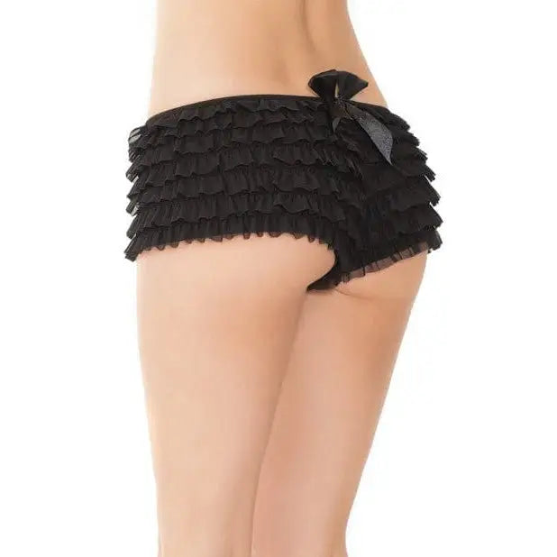 Black Coquette ruffle shorts with bow detail, boyshort-style underwear