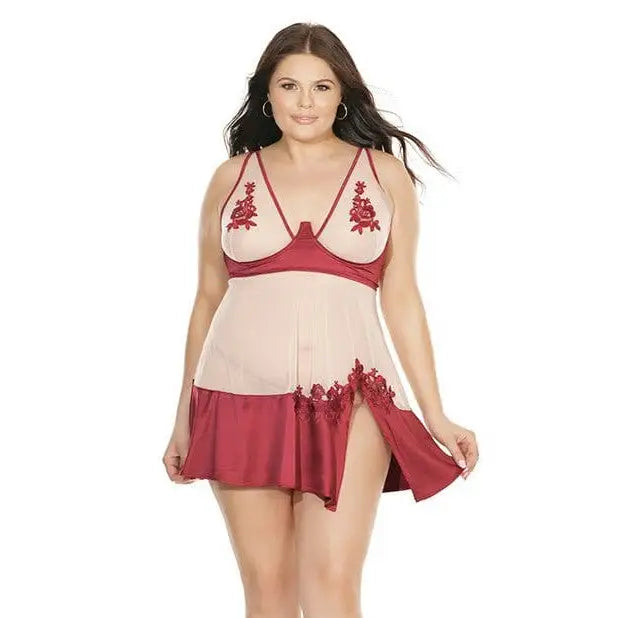 Coquette Babydoll XL / 2XL / Red Coquette Sheer Nylon & Stretch Satin Babydoll with Underwire Cups & G-string at the Haus of Shag