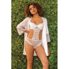 Coquette Teddy Stretch Mesh Ruffled Crotchless Teddy White at the Haus of Shag