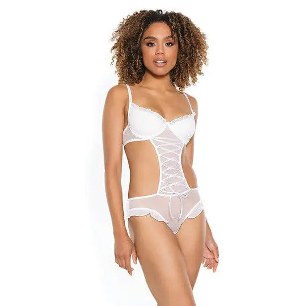 Coquette Teddy Medium Stretch Mesh Ruffled Crotchless Teddy White at the Haus of Shag