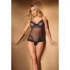 Blonde woman in Coquette Striped Mesh & Hip Panel Teddy, sheer black lingerie bodysuit