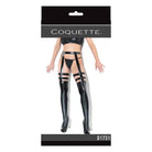 Coquette Thigh-High Wetlook Stockings with Garters Black OSQ Boxed - Stockings With Garter