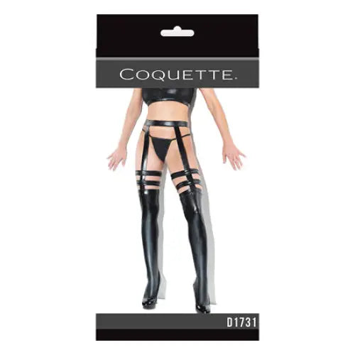 Coquette Thigh-High Wetlook Stockings with Garters Black OSQ Boxed - Stockings With Garter