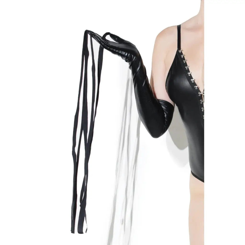 Coquette Wetlook Gloves Finger Whips: Black leather whip with studs and multiple tails