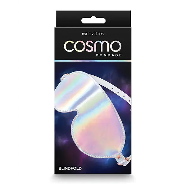 Close-up of Cosmo Bondage Blindfold Rainbow packaging on a white background