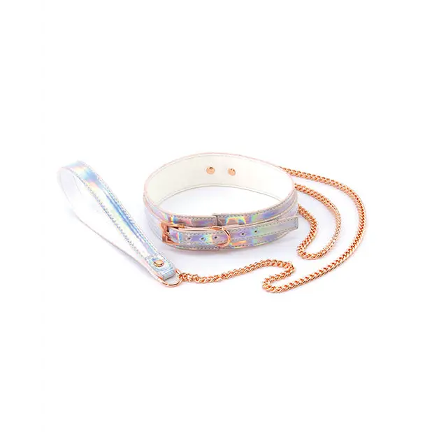 Cosmo Bondage Collar & Leash Rainbow with a white chain bracelet and pink-blue bracelet