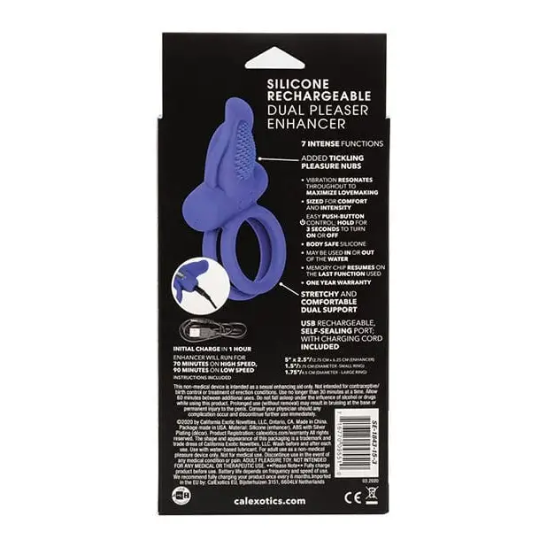 Close-up of blue silicone rechargeable dual pleaser enhancer with black tag