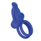 Blue silicone rechargeable dual pleaser enhancer ring with a tooth detail