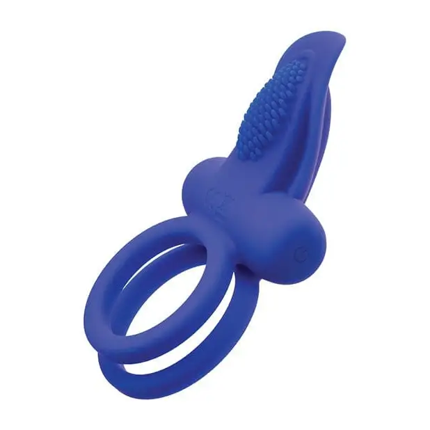 Blue silicone rechargeable dual pleaser enhancer ring with small tooth for couples