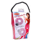 Courtesan Handcuffs Pink packaging with a cartoon woman and pink furry handcuffs inside