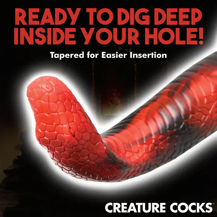 A red snake displayed with ’ready to get inside your hole’ for Creature Cocks King Cobra dildo