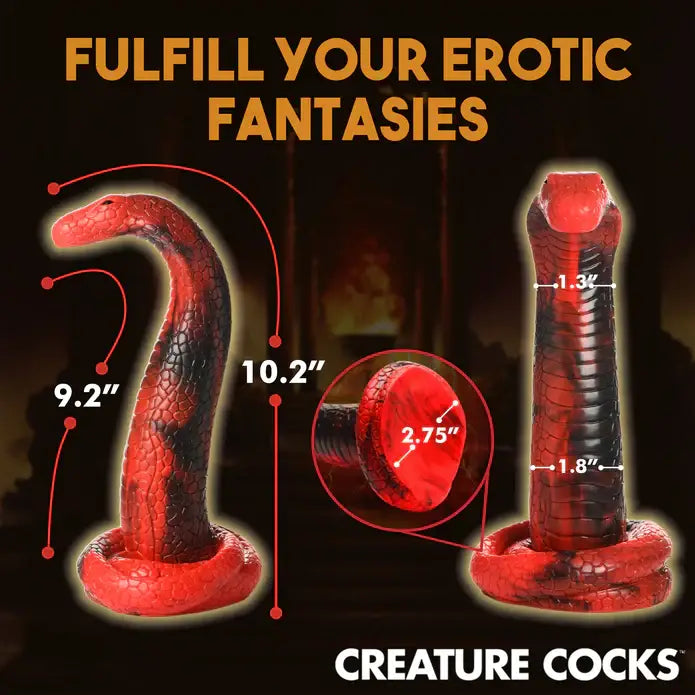 Close-up of Creature Cocks King Cobra Silicone Dildo with black handle and red-black design