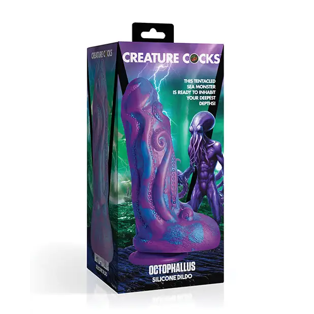 Purple Creature Cocks Octophallus Silicone Dildo with inky discharge packaging