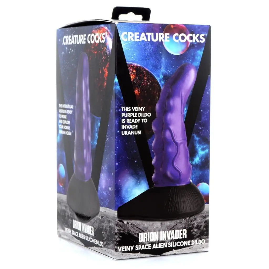 Purple silicone dildo with space-themed design: Creature Cocks Orion Invader Veiny