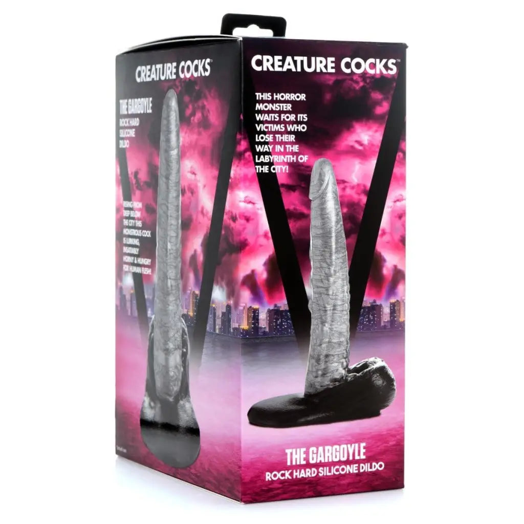 Creature Cocks The Gargoyle Rock Hard Silicone Dildo in horror-themed packaging