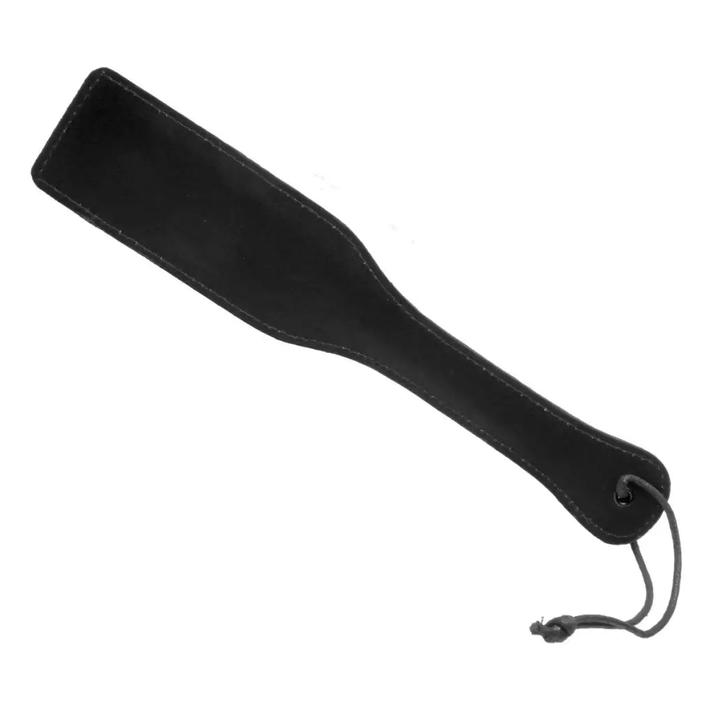 Crimson Tied Steel Enforced Spanking Paddle: Black leather paddle with handle and wrist strap