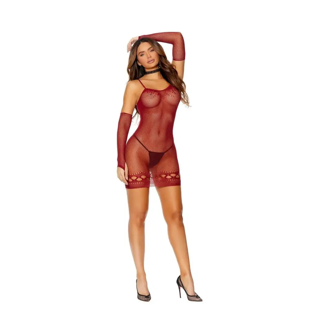 Crochet mini dress with matching gloves; red fishnet bodysuit with long sleeves, cutout details