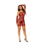 Crochet mini dress with matching gloves; red fishnet bodysuit with long sleeves, cutout details