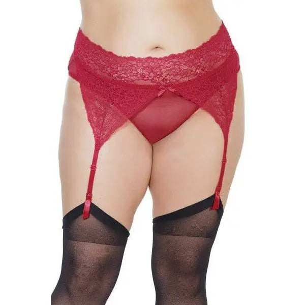 Garter Merlot Queen: Red lace crotchless panty with attached garter and stockings