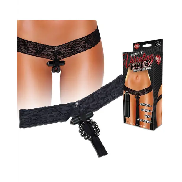 Crotchless Vibrating Panties with Pleasure Beads - Medium/Large / Black - Wearable Vibrator