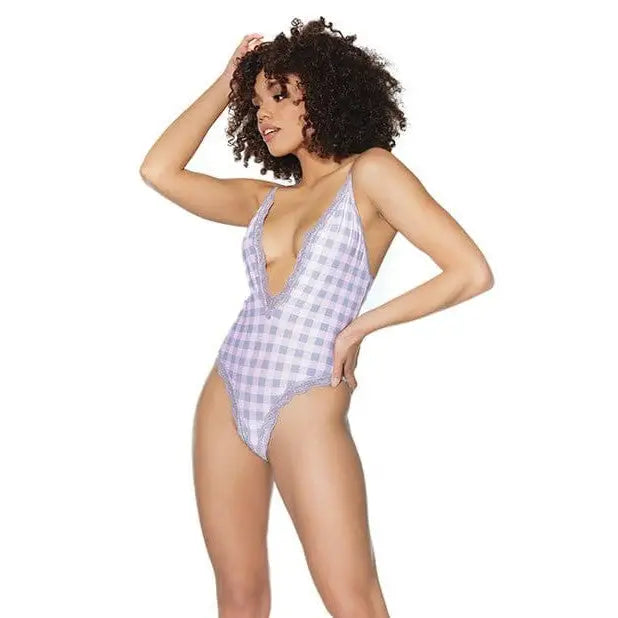 Crystal Pink Buffalo Check Print Deep V Swimsuit - Lavender & White Gingham Pattern - Coquette