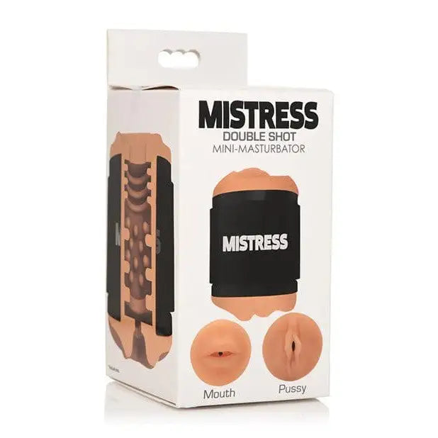 Close-up of Curve Novelties Mistress Mini Double Stroker box with a wrist display