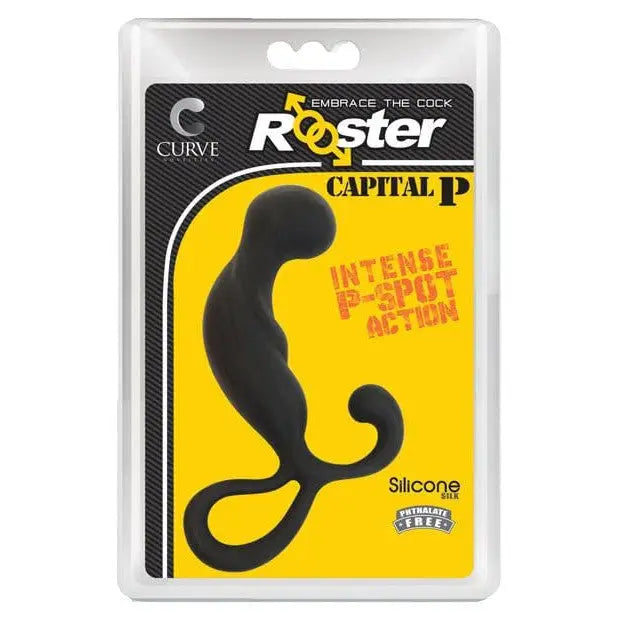 Curve Novelties Rooster Capital P curved black silicone sex toy in retail packaging