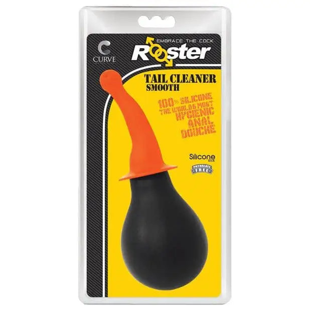 Black anal cleaner with orange curved tip in retail packaging - Curve Novelties Rooster Tail