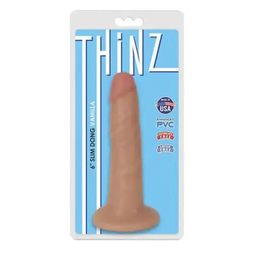 Curve Toys Thinz 6 in. Slim Dildo with Suction Cup Beige in retail packaging