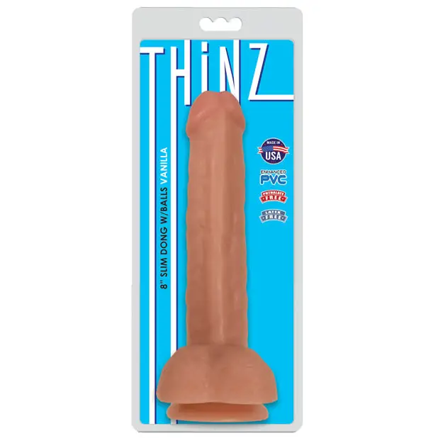 Curve Toys Thinz 8 in. Slim Dildo with Balls & Suction Cup Beige - Vanilla - Realistic Dildo