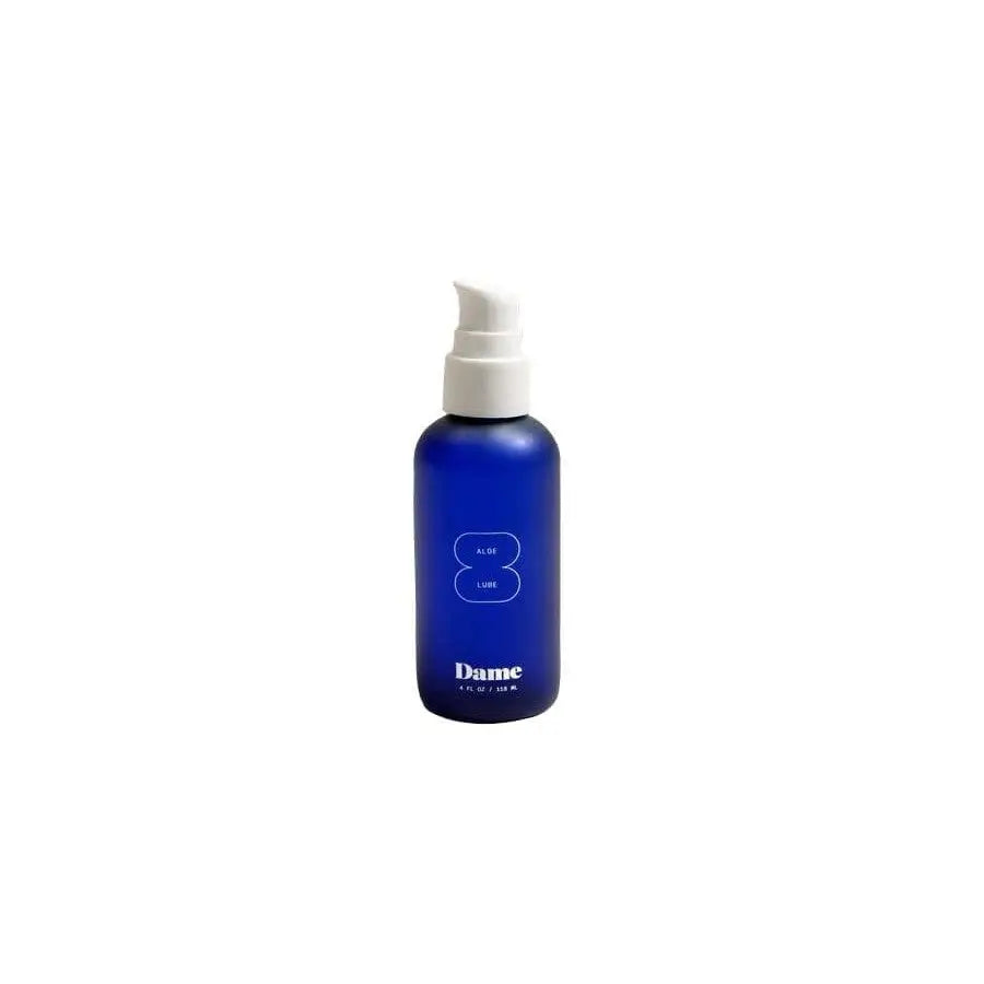 Dame Aloe Water-Based Lubricant: a bottle of blue liquid with a white cap