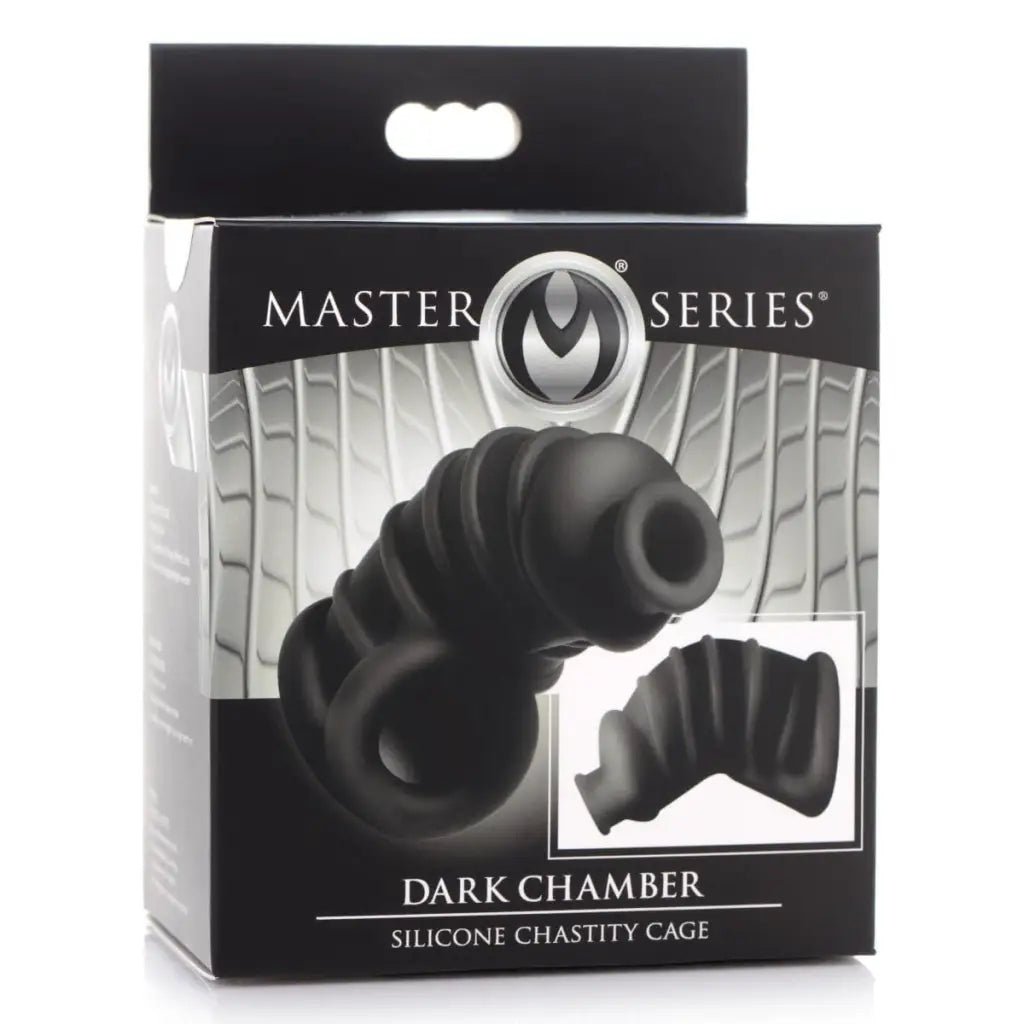 Dark Chamber Silicone Chastity Cage in retail packaging from the Master Series product line