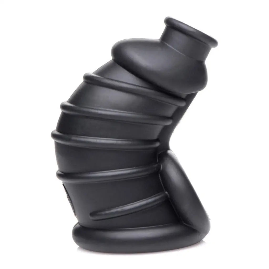 Dark Chamber Silicone Chastity Cage: Black rubber boot-shaped with ridged segments and flared base