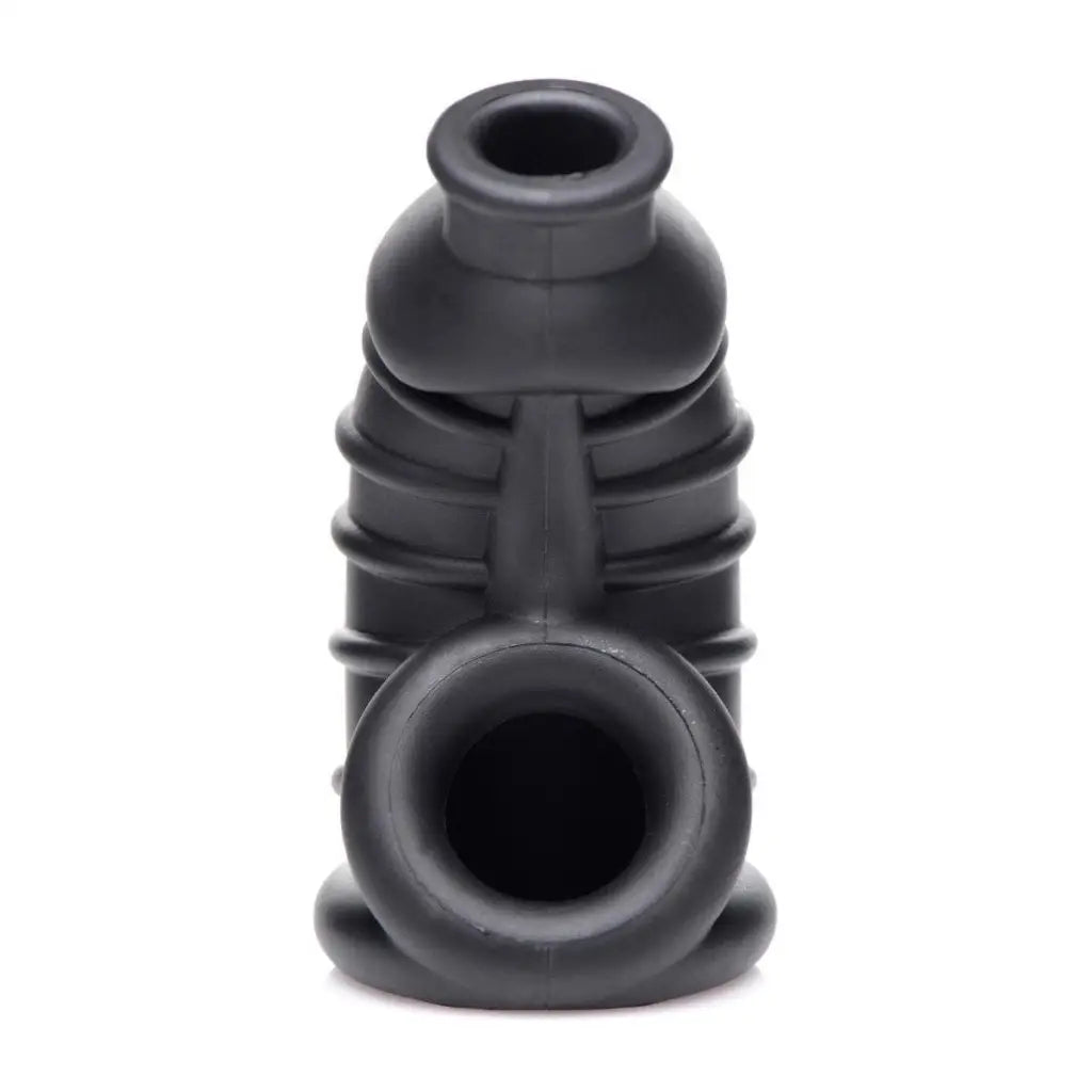 Dark Chamber Silicone Chastity Cage with black rubber plumbing fitting and ridges