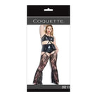 Packaging for Darque Bell Bottom Chaps by Coquette featuring latex top and lace bell-bottom pants