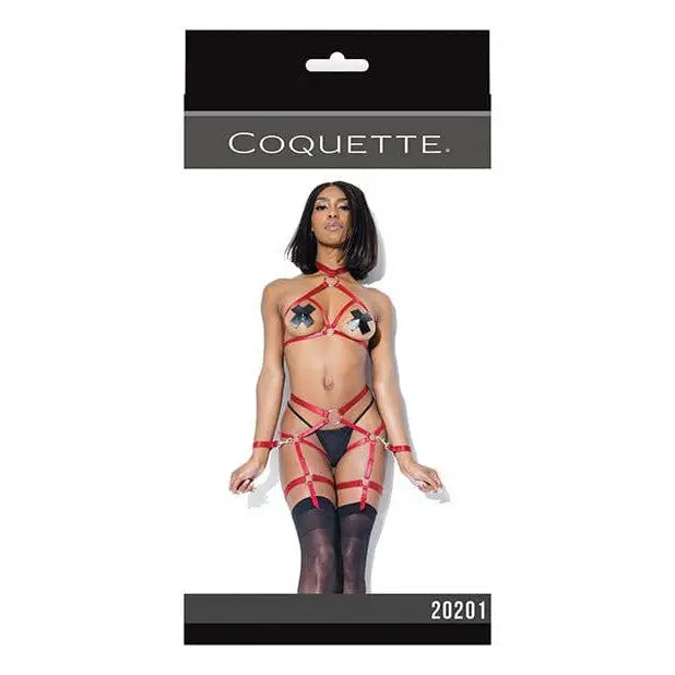 Coquette Lingerie Set One Size Fits Most / Red Darque Harness Halter Top, Crotchless Panty, Garters & Restraints by Coquette at the Haus of Shag