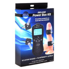 Deluxe Power E-stim Box Kit with multiple accessories, penis bands, and silicone pads