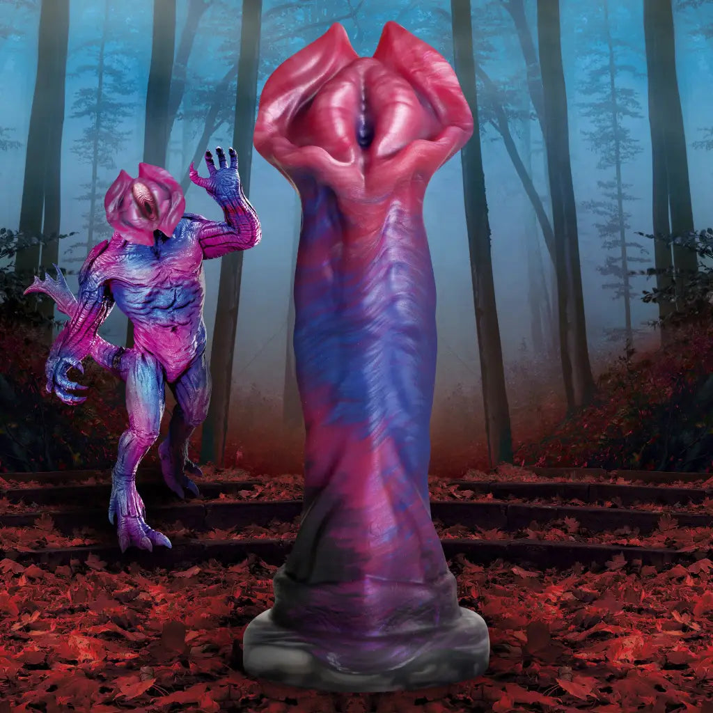 Surreal pink and purple silicone dildo compatible with water-based lubricants