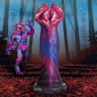 Surreal pink and purple silicone dildo compatible with water-based lubricants