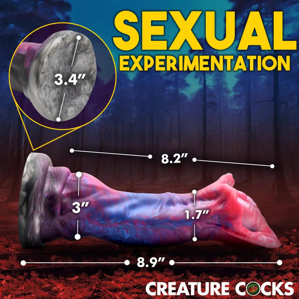 Colorful Creature Cocks Demogorgon Silicone Dildo with measurements; water based lubricants safe