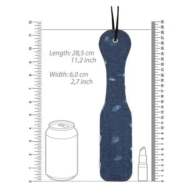 Dark blue denim paddle with leather finish and hanging hole for easy storage