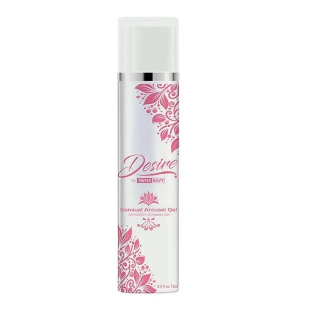 A bottle of Desire by Swiss Navy - Sensual Arousal Gel with pink and white liquid