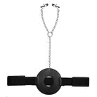 Detained Restraint System with circular black gag, chain, and nipple clamps for enhanced play