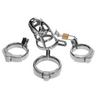 Detained Stainless Steel chastity device with cage, lock, and multiple rings for secure restraint