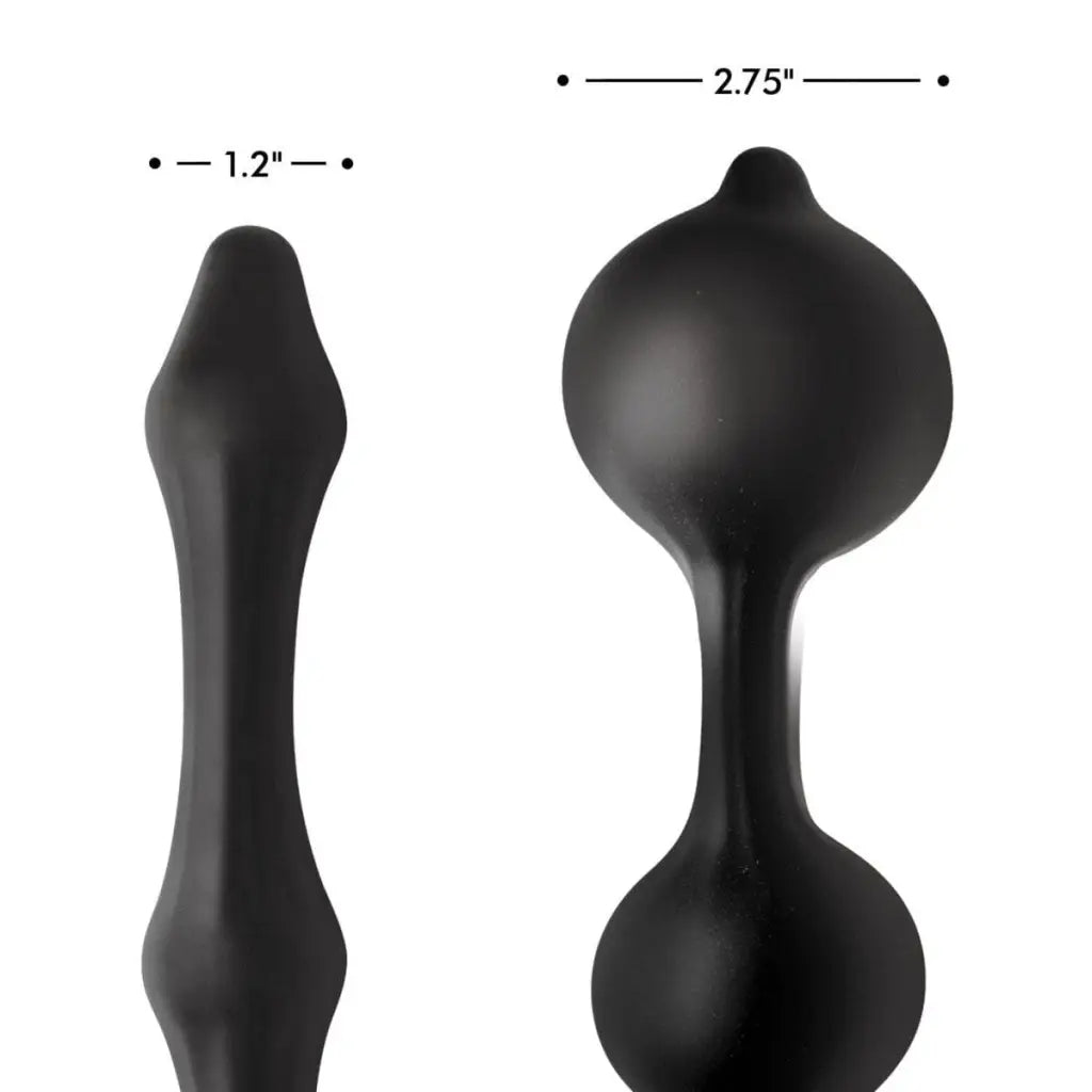 Two black silicone sex toys, Devils Rattle inflatable silicone anal plug with ball ring