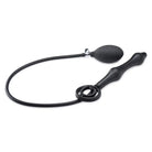 Devils Rattle: Black inflatable silicone anal plug with cock and ball ring, hand pump attached