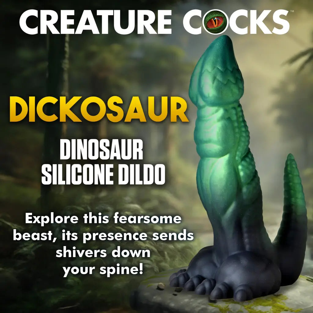 Teal and black Creature Cocks Dickosaur silicone dildo with textured surface for dual penetration