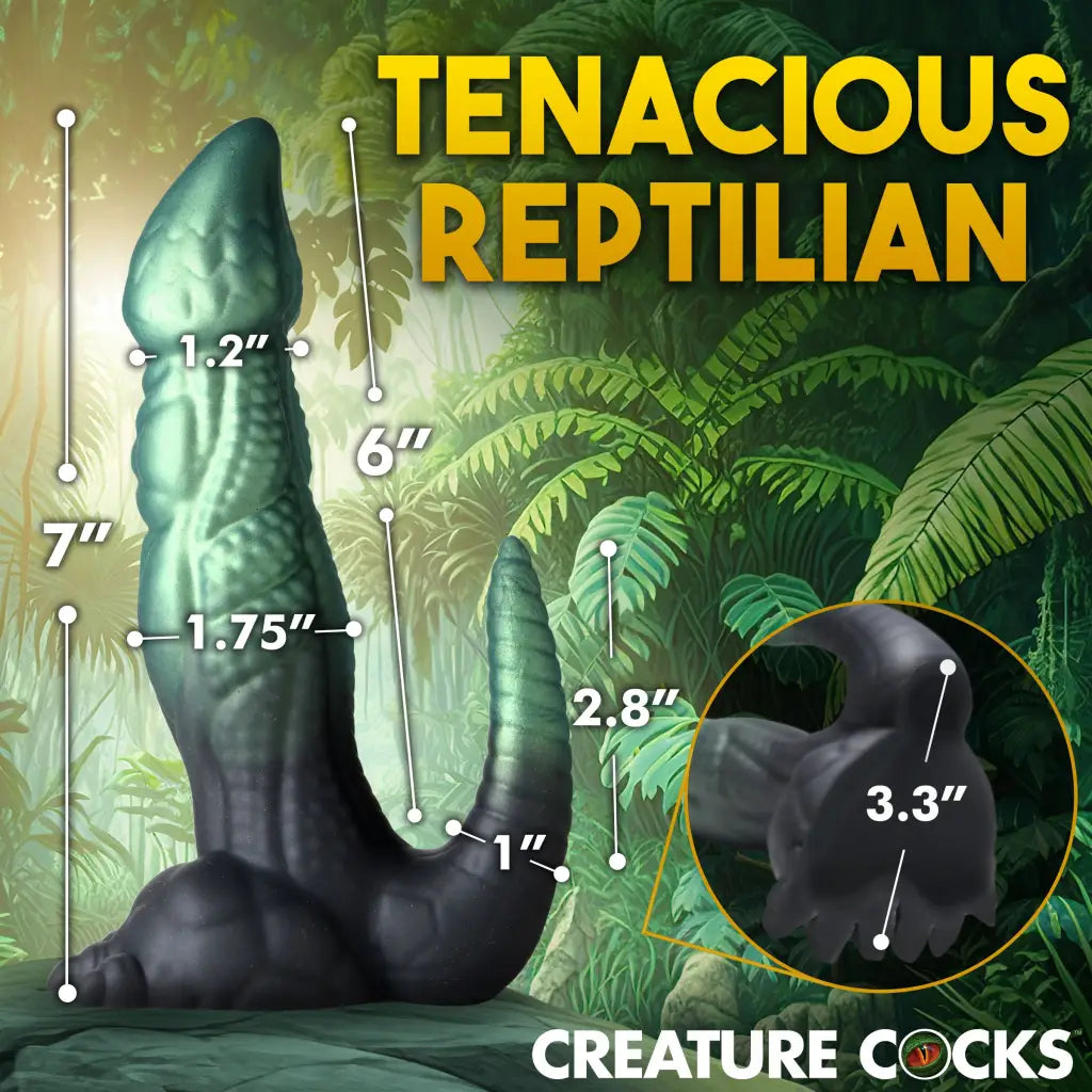 Reptilian-themed Creature Cocks Dickosaur silicone dildo with detailed measurements