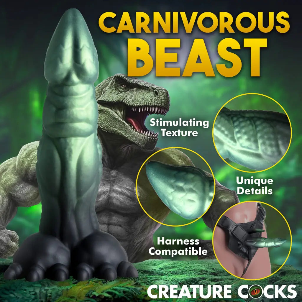 Dinosaur-themed silicone dildo for dual penetration, harness-compatible, textured surface